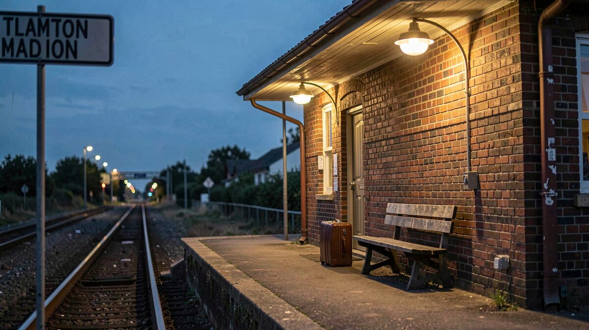 A small unstaffed brick rail depot at dusk, its platform lit by two sodium lamps, a single suitcase standing beside a bench, tracks receding into blue evening light, shot from platform level with the station sign in soft focus at the left edge.