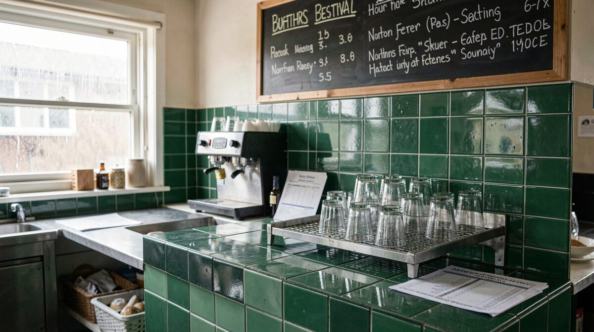 A station buffet counter on a northern railway in the hour before a festival, enamel signal-green tiles, a chalkboard list of pours, a rack of clean half-pint glasses and a folded timetable, wet daylight through the window and no people