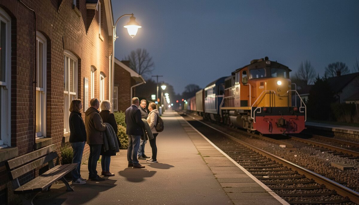 A small-town rail platform at night lit by a single lamp, a few festivalgoers waiting with jackets over their arms, a heritage diesel locomotive idling in the distance.