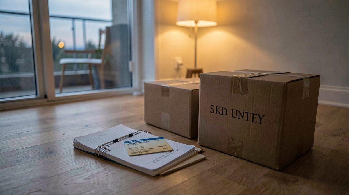 A half-packed apartment floor at dusk: folded cardboard boxes, a resident card and pension notebook on top, warm lamp light, wide framing